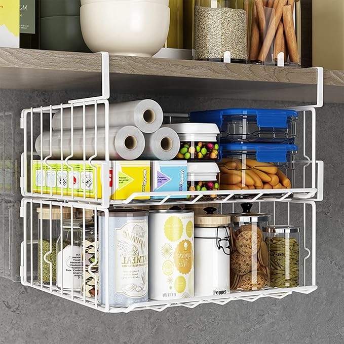 Hanging Under Shelf Storage Basket, 4 Pack Foldable Under Cabinet Metal Desk Storage Wire Rack Organizer for Kitchen Pantry Bookshelf Office Home, Easy to Install Slide-in Under Shelves (White)