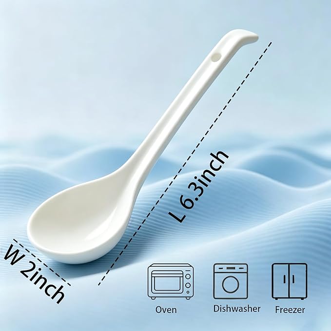 Soup Spoons,6.3"Ceramic Asian Soup Spoons, White Japanese Spoon Large for Ramen Pho Wonton Dumpling Miso,Hook Design, Set of 5
