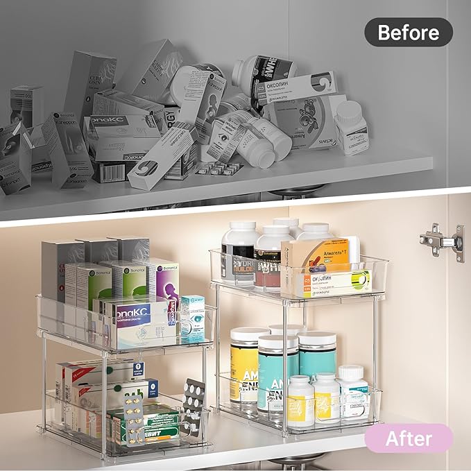 Delamu Under the Sink Organizer, 2-Tier Snap-Lock Cabinet Drawers with Removable Adjustable Shelf, Under Sink Cabinet Organizer for Bathroom, Kitchen, Vanity & Every Household(Clear, 4 Pack)