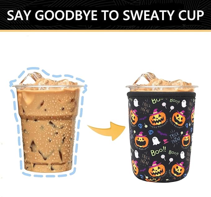 YR Reusable Neoprene Insulator Sleeve for Iced Coffee Cups, 3 Pack Coffee Coolies sleeves for Iced & Hot Drinks, Cold Beverage Cooler Compatible with Starbucks Coffee and More (Halloween Boo)