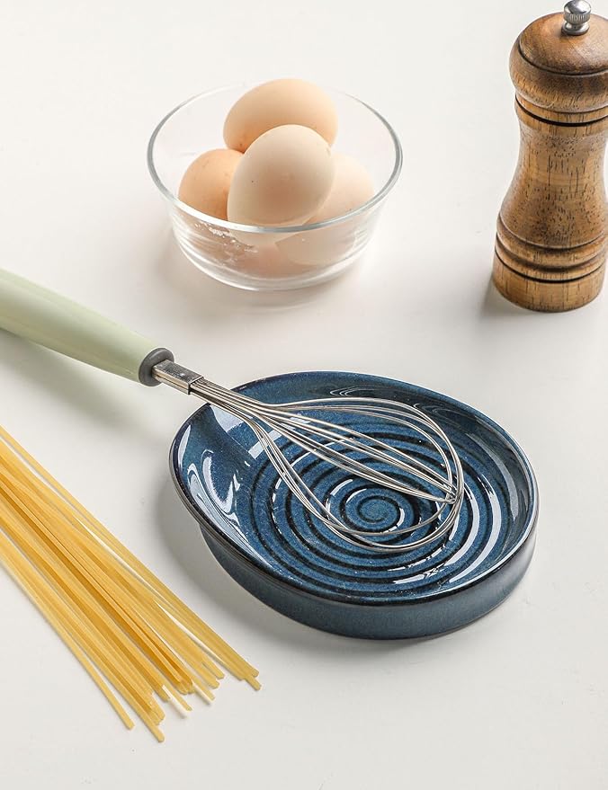 Ceramic Spoon Rest for Stove Top, Spoon Holder for Kitchen Counter, Farmhouse Cooking Utensil Holder for Spoons, Ladles, Spatula, Glazed Blue