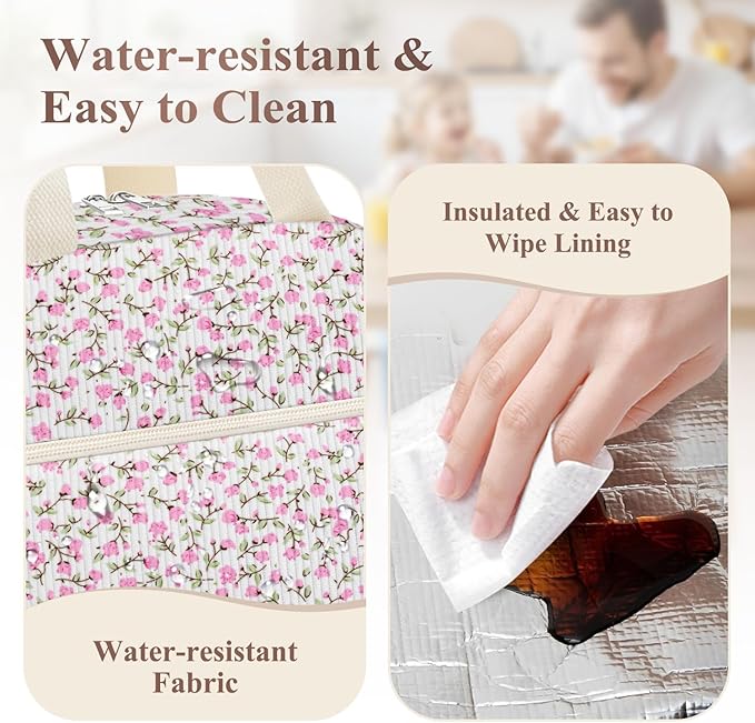 KUBYA Lunch Box for Women, Cute Flower Corduroy Insulated Lunch Bag Women Reusable Work Leakproof Simple Adults Large Lunch Boxes Tote Bag Men Cooler Bag