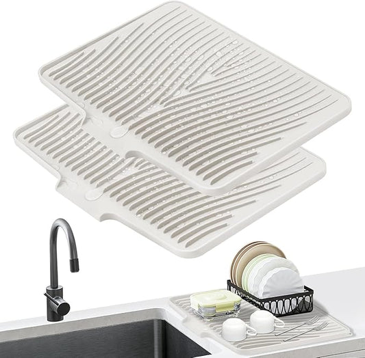 Silicone Dish Drying Mat for Kitchen Counter, Dish Drying Pad, Non-Slip Drain Pad with Built-in Drain, Heat Resistant Stone Drying Mat,Cream, 2pcs-XL