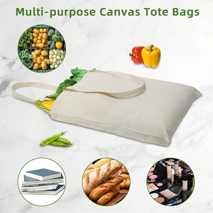 HECTOLIFE 6 I 12 I 24 I 48 Pack Canvas Tote Bags,Reusable Blank Canvas for Shopping Bags,Grocery Bags,DIY Gift Bags