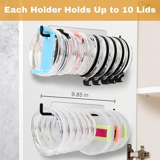 2 Pack Tumbler Lid Organizer, Over Cabinet Door Cup Lid Organizer, Self-Adhesive Tumbler Lid Hook, Tumbler Lid Holder for Kitchen Organizers and Storage