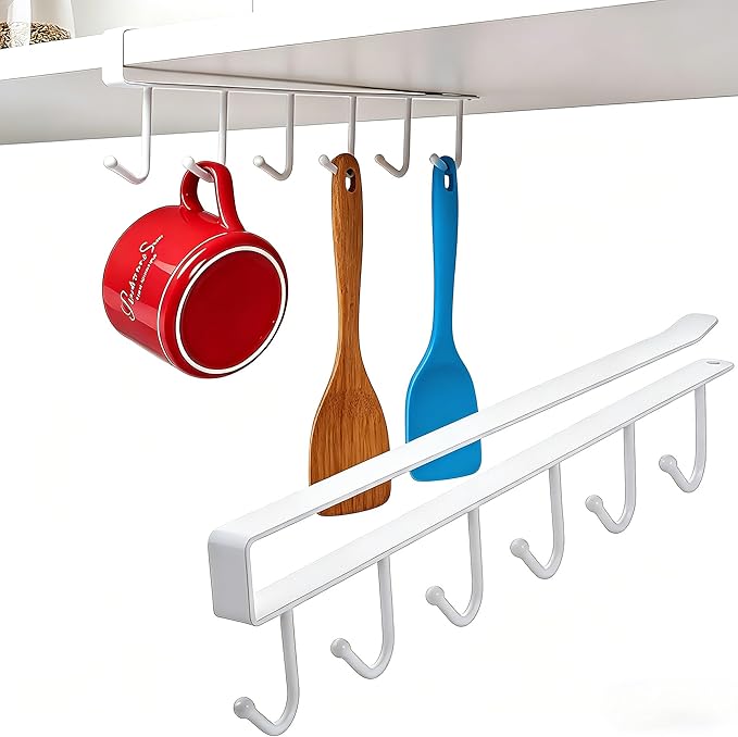 Adhesive Mug Holder Under Cabinet No Drilling Clip-On Utensil Holder for Kitchen Counter & Cooking Utensil Holder with 6 Kitchen Hooks Space Saving for Coffee Cup Spatula Measuring Cup