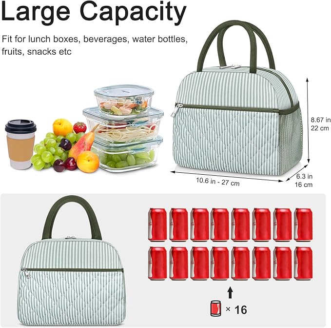 KUBYA Lunch Bag Lunch Box for Women Adult Men Insulated Quilted Reusable Large Lunch Tote Bag Leakproof Simple Cooler Bag for Work Office Picnic Beach or Travel