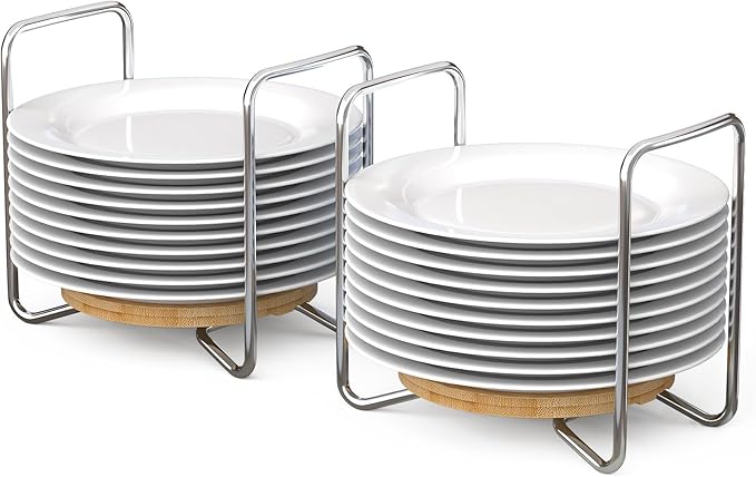 Adjustable Dish Rack for Kitchen Counter - Bamboo Plate Holder Organizer for Cabinet Wooden Bowl Organizer Stainless Steel Plate Stand Storage for Kitchen Drawer Countertop Cupboard Shelf RV