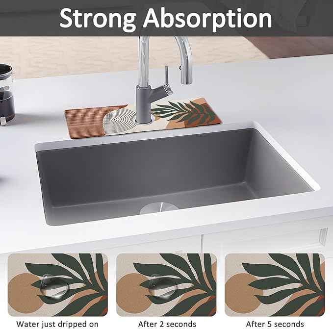 15" X 5.5" Kitchen Sink Splash Guard Faucet Mat Boho Super Absorbent Fast Drying Faucet Guard & Draining Mat Sink Splash Guard Behind Faucet for Kitchen, Bathroom