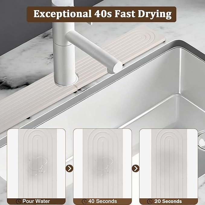 Fast Drying Faucet Mat for Kitchen Sink - 24 Inch Diatomite Quick Dry Stone Faucet Mat with Raised Feet for Kitchen Sink Splash Guard, Bathroom Stone Tray Counter Prevents Moisture Buildup