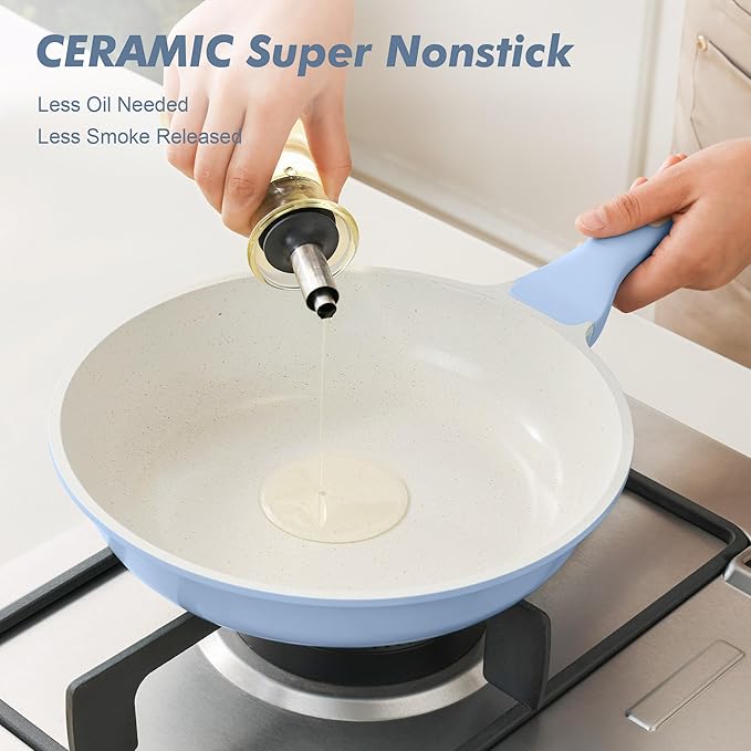 SENSARTE Nonstick Ceramic Frying Pan with Lid 10 Inch Omelet Pan Skillet, Free of Intentionally Added PFAS/PTFE Non-toxic Chef's Pan Induction Compatible Pan, Heat Resistant Handle, Glacier Blue