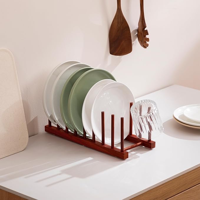 HBlife 2pcs Padauk Wooden Dish Drying Rack - Home and Kitchen Organizer for Cups, Bowls, Pots, Lids, Cutting Boards & Plates Space-Saving for Cabinets Counters (8 Slots)