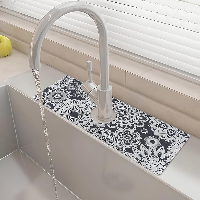 15" X 5.5" Kitchen Sink Splash Guard Faucet Mat Mandala Super Absorbent Fast Drying Faucet Guard & Draining Mat Sink Splash Guard Behind Faucet for Kitchen, Bathroom