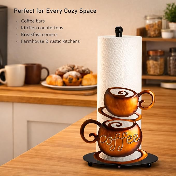 Standing Paper Towel Roll Holder Countertop for Coffee Lovers Women Men, Farmhouse Kitchen Decor and Accessories, Coffee Table Decor for Kitchen Home, 3D Hand-Painting Pattern, Metal