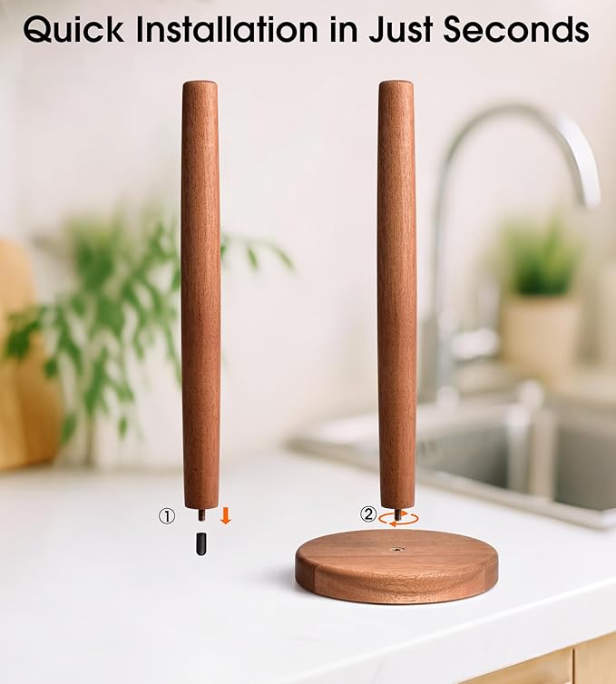 KitchLife Acacia Wooden Paper Towel Holder Countertop - Freestanding Paper Towel Dispenser Stand Organizer with Anti-Skid Base