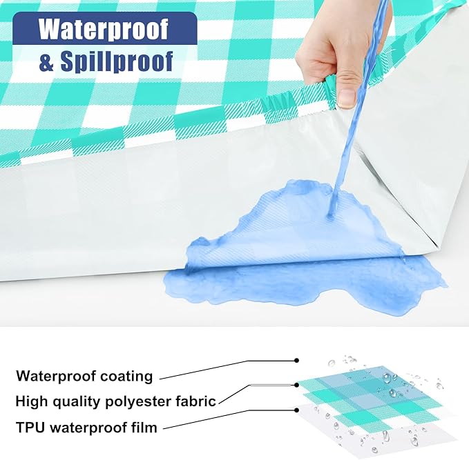 Smiry Picnic Table Cloth 2 Pack, Waterproof Elastic Fitted Tablecloths for 4FT Rectangle Tables, Washable Polyester Buffalo Plaid Tablecloth for Camping, Dining & Outdoor (Teal & White, 30" x 48")