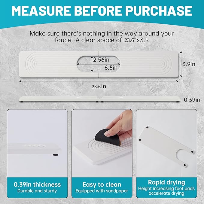 Stone Faucet Mat for Kitchen Sink with Oval Hole – 23.6" × 3.9" Diatomite Drying Stone Mat & Sink Protector, Quick-Dry Splash Guard Water-Absorbing Tray for Bathroom Counter（White.23.6" x 3.9"）