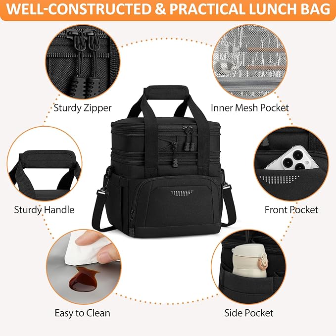 Vankor Lunch Box for Men Women, Large Double Layer Insulated Lunch Bag Tote Expandable Leakproof Waterproof Cooler Bag with Adjustable Shoulder Strap for Work Office Picnic Travel, Black