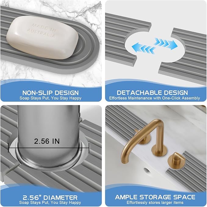 Stone Faucet Mat for Kitchen Sink, Water Absorbent Fast Drying Stone Tray for Sink , Quick Dry Diatomite Splash Guard for Bathroom Counter to Prevent Moisture Buildup, 23.6" x 4", Dark Grey