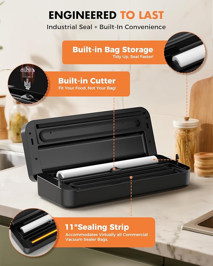 Vacuum Sealer for Food, 95kPa Food Saver Machine, 135W Fast-Sealing with Easy Tear Cutter, Built-in Bag Storage, 9-in-1 Compact with 10 ft Bag Roll