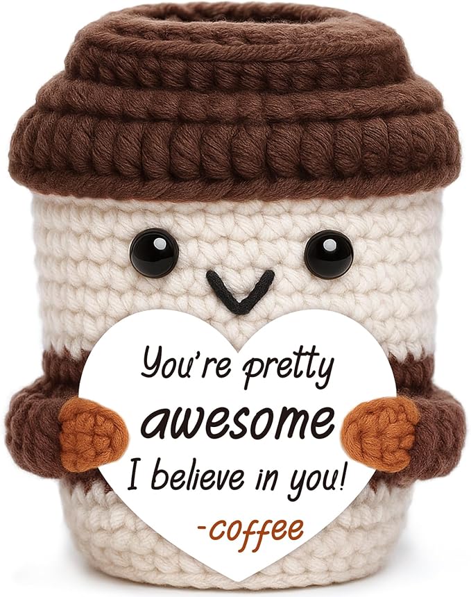 OCCdesign Mini Motivational Office Gifts for Women Men Coworkers Teachers Boss Nurses Handmade Crochet Coffee Cup Thank You Present for Friends Cheer Up Inspirational Birthday Gifts Office Desk Decor