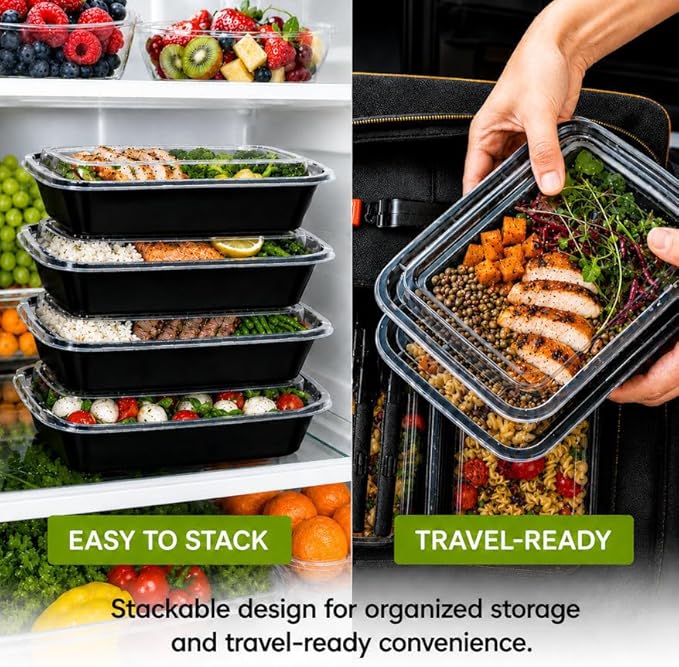NEW Meal Prep Containers 38oz Lids Utensils 50-Pack 300 Pieces Reusable Sturdy Plastic Bento Box Single Compartment Takeout Food Stackable Leakproof Storage BPA-Free Microwave Freezer Dishwasher