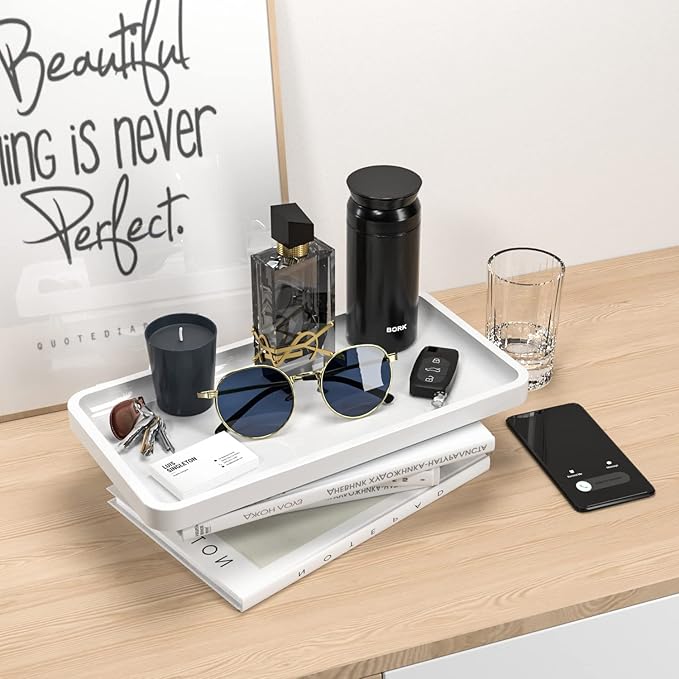 Weenson Bathroom Vanity Tray for Countertop Toiletries Makeup Decor Perfume Candles, Kitchen Tray for Soap Dispenser Spice Salt Coffee, Toilet Tank Tray Bamboo11.81” L x 6.1” W x 0.79” H (White)