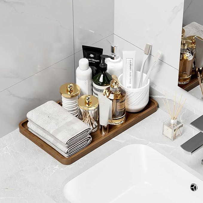 Weenson Bathroom Vanity Tray for Countertop Decor Perfume Makeup Toiletries Toilet Tank, Large Bamboo Kitchen Tray for Spice Salt, Serving Tray for Food Coffee, Nightstand Candle Brown 14.2”x8.3”