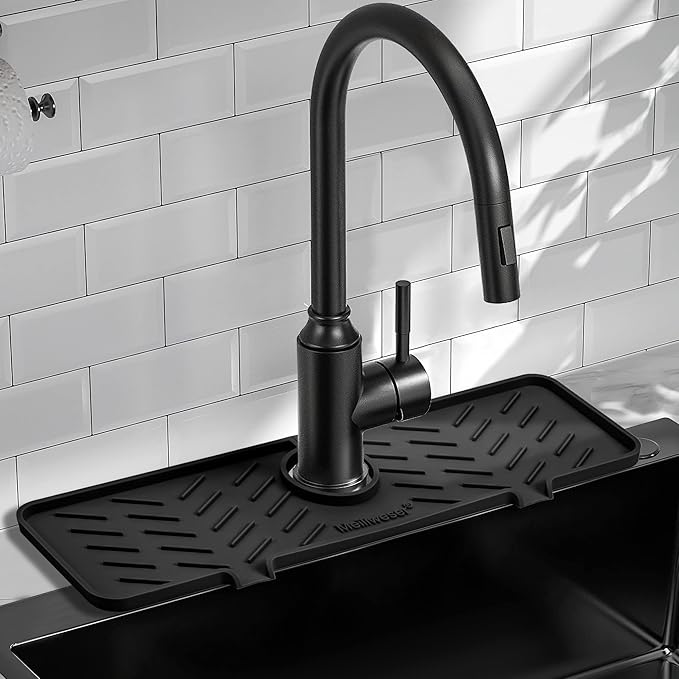 Meiliweser Silicone Faucet Mat for Kitchen Sink – Gen 2 Splash Guard with Upgraded Outlet & Slope – 18” x 5.1” Water Catcher & Sink Sponge Holder for Kitchen and Bathroom (Black)