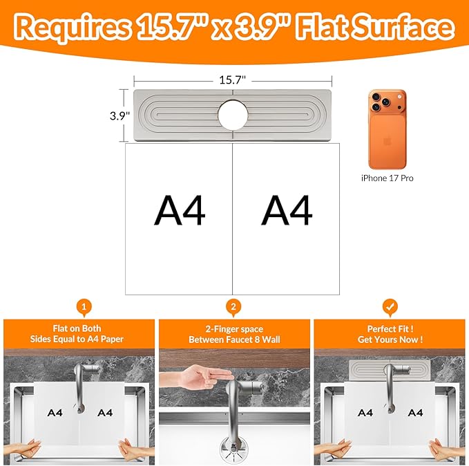 15.7 Inch Stone Faucet Mat for Kitchen Sink Splash Guard, Diatomite Sink Protectors for Kitchen Sinks Behind Faucet, Quick Dry Water Absorbing Stone Tray , Drip Catcher (White, 15.7" x 3.9")