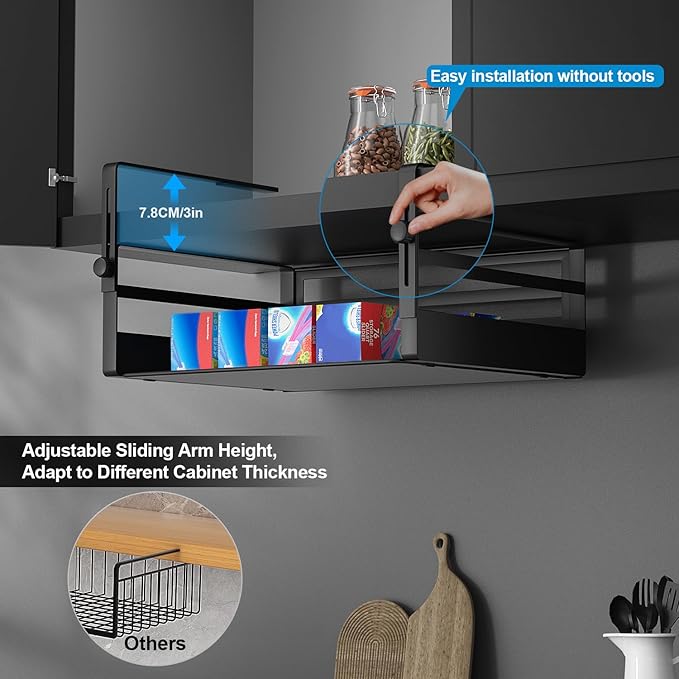 AmonHouseware 2 Pack Under Shelf Basket Organizers,Adjustable Hanging Under Cabinet Add-on Storage Racks Slide-in Baskets Organizer for Laundry Room Kitchen Pantry Desk Bookshelf, Black