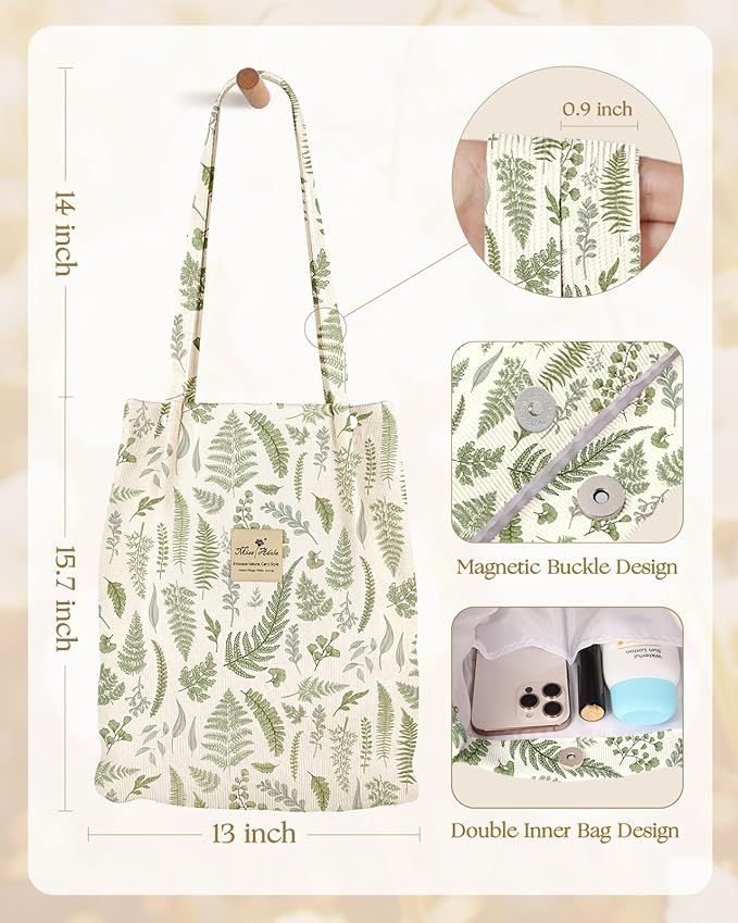 Miss Adola Corduroy Tote Bag for Women - Reusable Totes with Magnetic Buckle & Pocket Aesthetic Design Work Grocery Bags