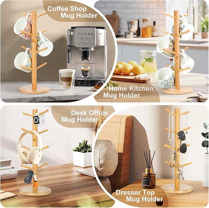 8 Hooks Large Capacity Mug Holder Tree, Bamboo Mugs Trees for Counter, Detachable Cup Stand Holders Coffee Bar Accessories