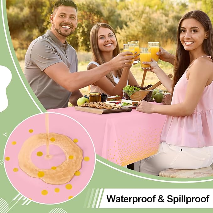 misaya 6 Packs Dot Disposable Table Cloth, 54 x 108 Inch Waterproof Plastic Tablecloth, Rectangle Gold Dots in Pink Table Covers for Mother's Day, Picnic, Birthday, Party