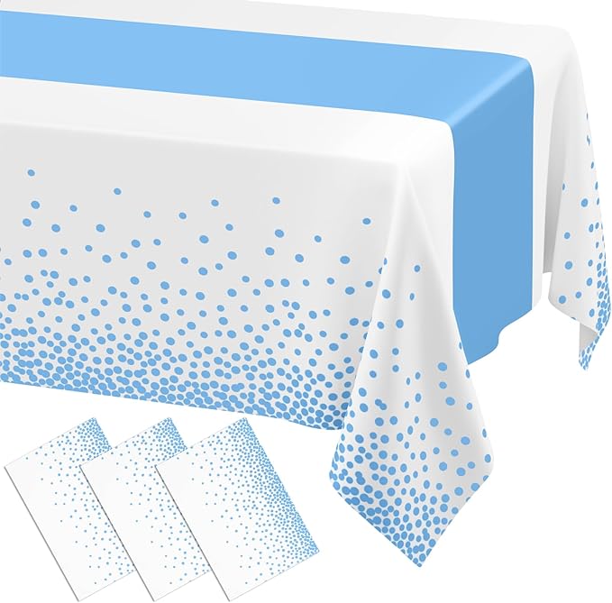 Smiry Plastic Table Cloth Disposable 3 Pack, 54 x 108 Inch Rectangle Waterproof Tablecloth, Printed Gold Table Runner Style for Birthday Weeding, Party, Leakproof & Sturdy, White and Baby Blue