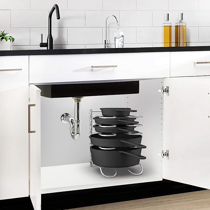 CAXXA Heavy Duty Pan Rack, Pot Lid Rack, Kitchen Cabinet Pantry Cookware Organizer Rack Holder with 5 Adjustable Dividers, Chrome (Pack of 2)
