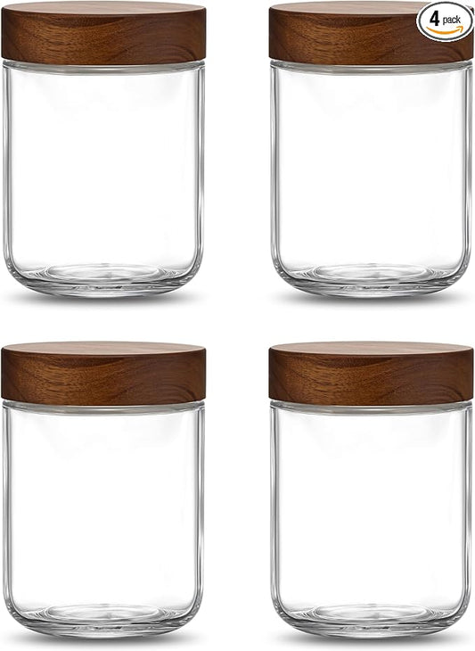 Danmu 16 oz Overnight Oats Containers with Lids,Salad Jar,Glass Jar with Wooden Lid 4 Pack,Mason Jars 16 oz with Lids for Snack,Overnight Oats,Meal Prep,Yogurt,Parfait,Soup,Salad 100% Leak-proof