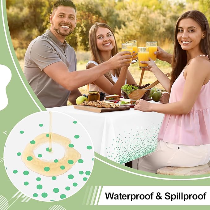 misaya 6 Packs Dot Disposable Table Cloth, 54 x 108 Inch Waterproof Plastic Tablecloth, Rectangle Green Dots in White Table Covers for Picnic, Birthday, Party