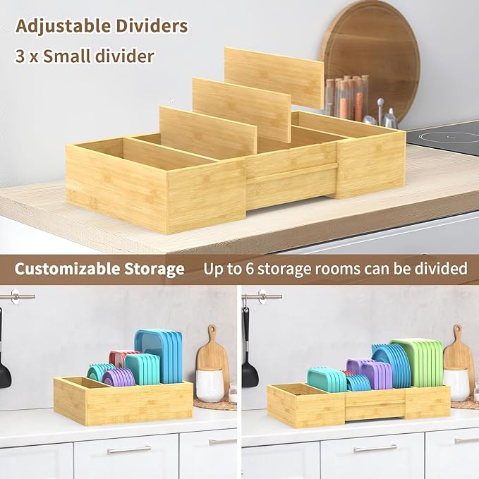 Retro Shaw Large Expandable Kitchen Lids Organizer for Cabinet, Covers, Pantry, Drawer & Countertop Storage, with 3 Adjustable Dividers, Hand-made Bamboo Food Container