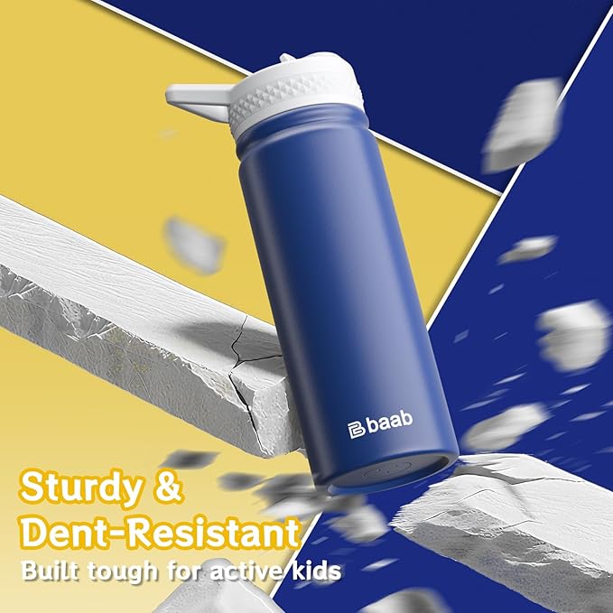 baab 18oz Kids Water Bottle, Insulated Water Bottle with Straw & Stickers, 18/8 Stainless Steel Vacuum Leakproof Kids Water Straw Cup for School, Gift for Boy Girl (Navy Blue+Light Blue, 2 Pack)