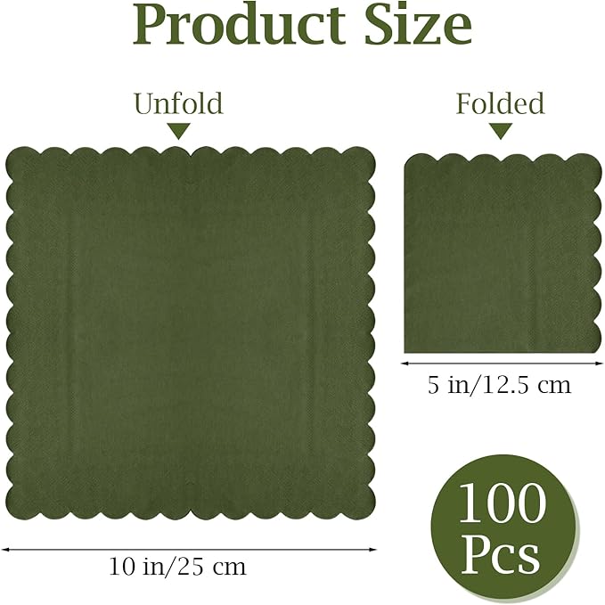 100 Pcs Cocktail Napkins, 2-Ply 5 x 5 Inches Disposable Scalloped Napkins, Thick Premium Dessert Napkins for Party, Wedding, Dinner, Birthday, Anniversary, Festival (Green)
