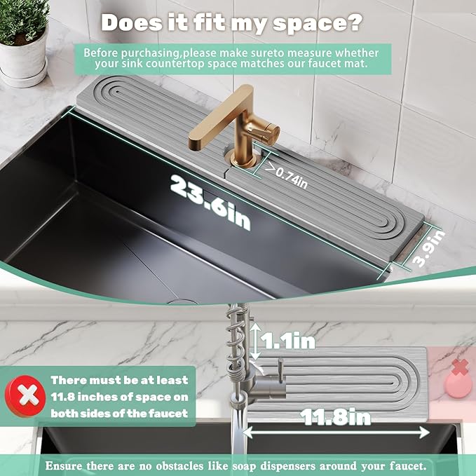 Stone Faucet Mat for Kitchen Sink, Diatomite Drying Stone Tray & Sink Protector, Water-Absorbing Splash Guard, Prevent Moisture on Kitchen & Bathroom Counter (Light Grey,23.6" x 3.9")