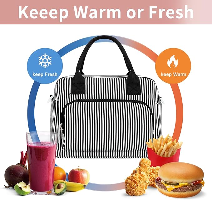 Lunch Bag Women Lunch Box for Women Adult Cute Insulated Lunch Bag Lager Cooler Lunch Tote Bags for Work Picnic (Black Stripes)