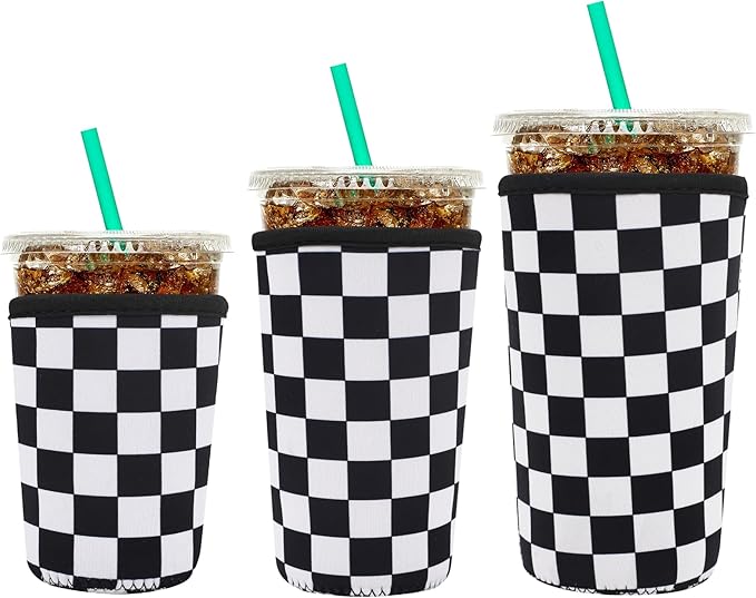 YR Reusable Neoprene Insulator Sleeve for Iced Coffee Cups, 3 Pack Coffee Coolies sleeves for Iced & Hot Drinks, Cold Beverage Cooler Compatible with Starbucks Coffee and More (Checkerboard Pattern)