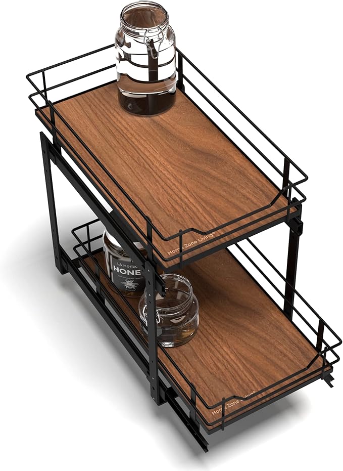 Home Zone Living Pull Out Kitchen Cabinet Organizer with 2 Tiers of Storage for Easy Access, 12”W x 20”D, Matte Black with Dark Brown, Virtuoso Collection