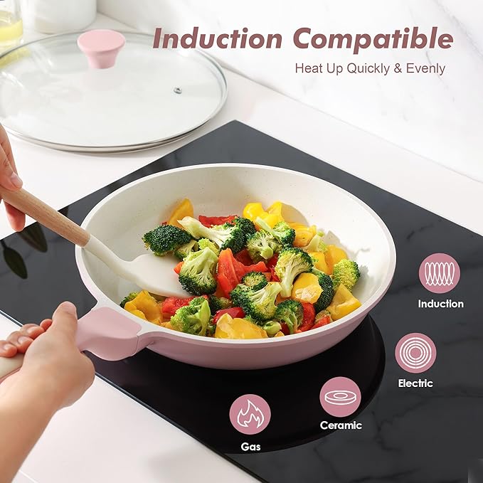 SENSARTE Nonstick Ceramic Frying Pan with Lid 12.5 Inch Cooking Pan Skillet, Free of Intentionally Added PFAS/PTFE Non-toxic Chef's Pan Induction Compatible Pan, Heat Resistant Handle, Sakura Pink