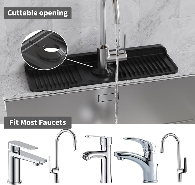 WAFT YEARN 17X5 Inch Silicone Durable Faucet Mat Kitchen Sink Splash Guard Draining Protector Tray Liner Absorbent Protective Counter Accessories For Sink Kitchen Bathroom Laundry Room Bar & RV Black