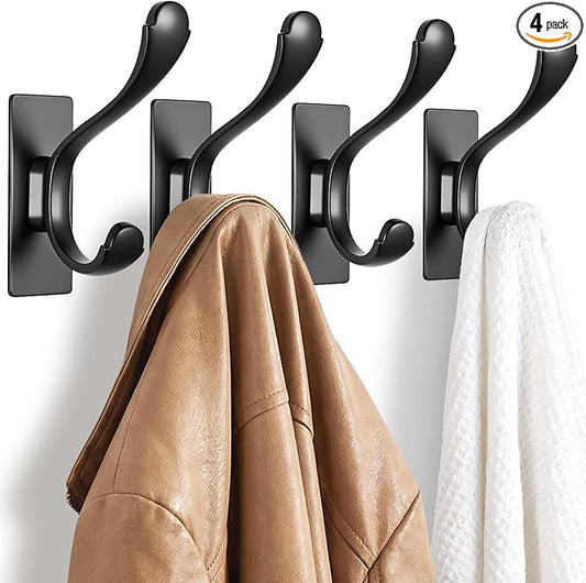 Adhesive Coat Hooks Coat Rack Wall Mount Heavy Duty Stainless Wall Hook for Towel Backpack Hat Sturdy Metal Hanger for Bathroom Bedroom Door 4 Pack Matt Black