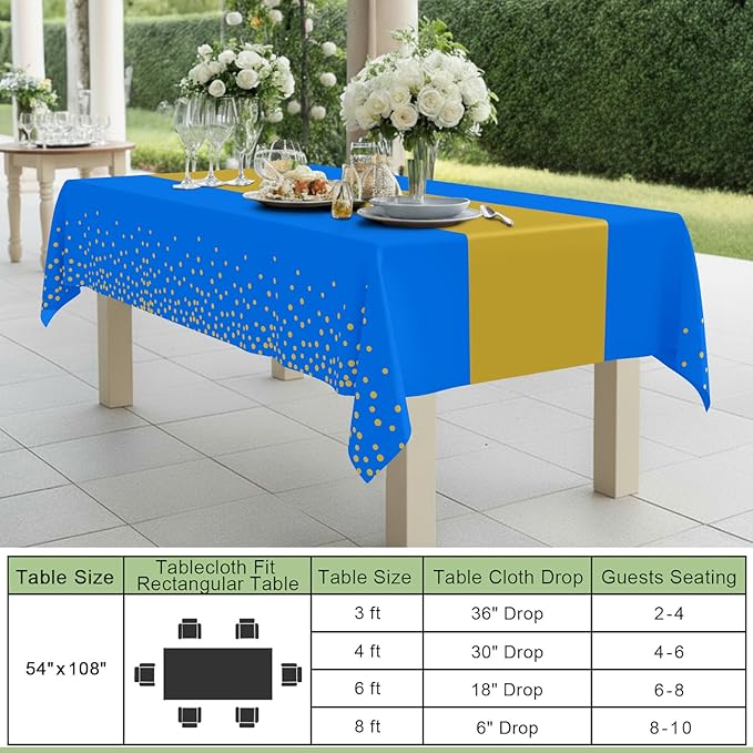 Smiry Plastic Table Cloth Disposable 5 Pack, 54 x 108 Inch Rectangle Waterproof Tablecloth, Printed Gold Table Runner Style for Birthday Weeding, Party Decorations, Leakproof & Sturdy, Blue and Gold