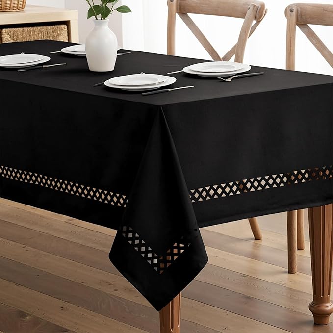 MIULEE Black Rectangle Linen Polyester Tablecloth with Decorative Cutouts Spring Waterproof Stain Resistant & Shrink-Proof Table Cloth 60x104 inch Farmhouse Style for Dining Wedding and Outdoor